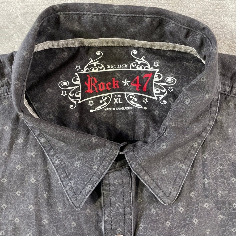 Rock 47 Wrangler Shirt Mens XL Black Skull Geometric Pearl Snap Western Flap - Picture 2 of 12